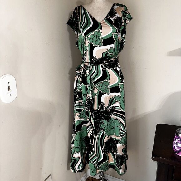 NWT Anne Klein Floral Green Black White Belted Midi Dress Women's Size 4 $139 - Picture 2 of 15